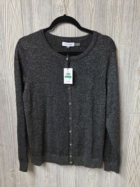 Calvin Klein Charcoal Black and Metllic Gold Thread Cardigan Sweater Women L NWT